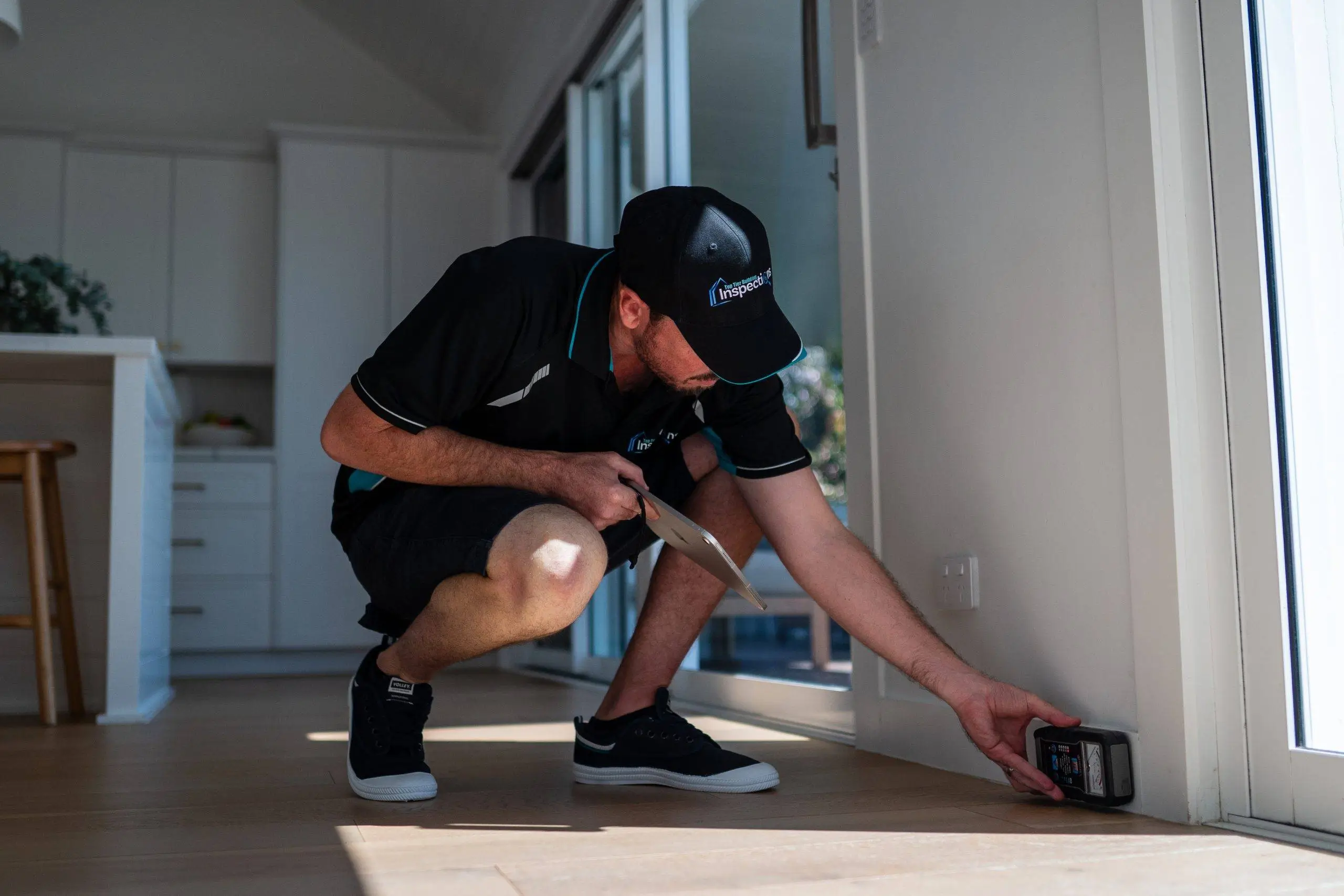 Inspector checking wall moisture with a meter during a pre purchase building inspection in Gold Coast.