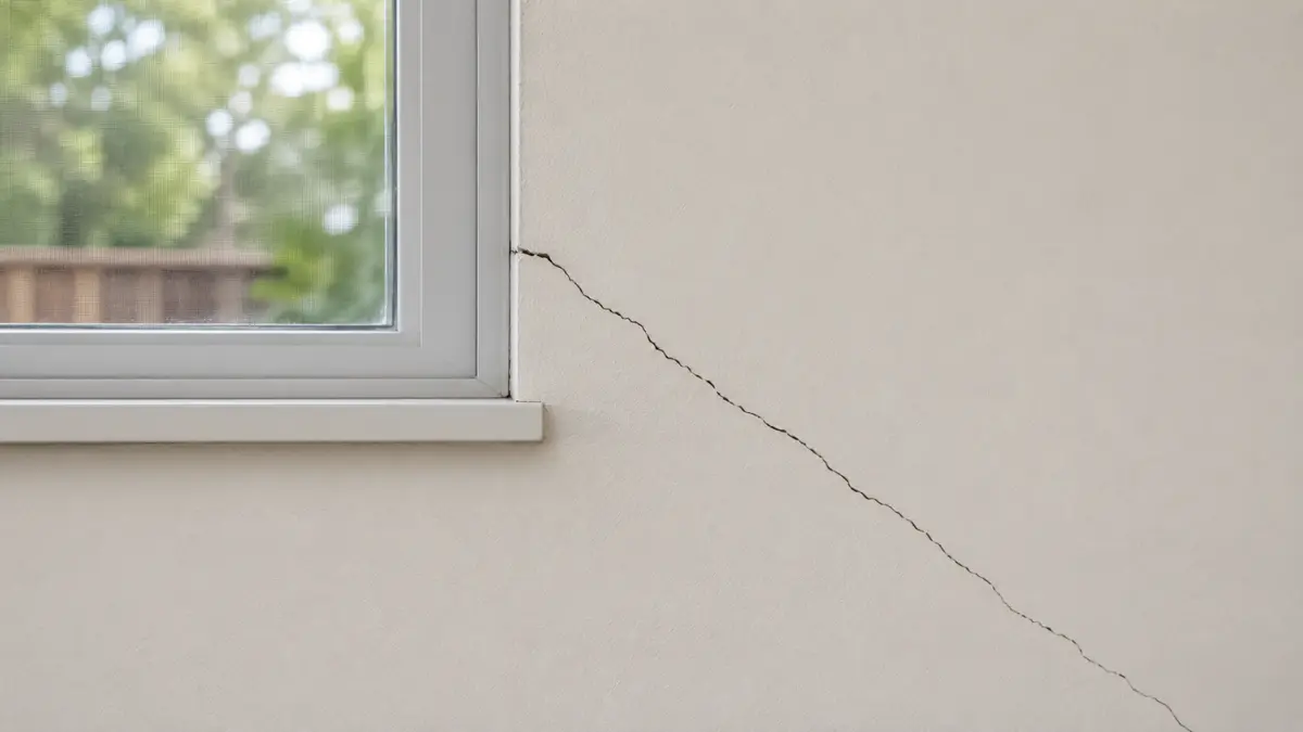 Diagonal crack in wall starting at a window corner, the classic differential foundation movement pattern.