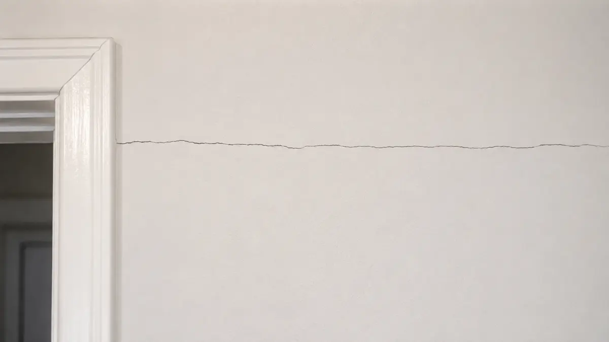 Horizontal hairline crack in wall, usually harmless in plasterboard and serious in masonry.