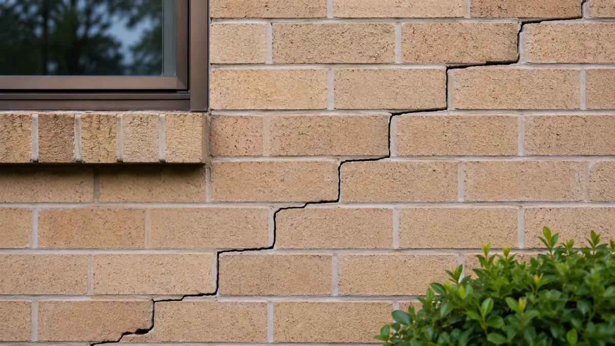 Stepped crack in a brick wall, almost always structural in masonry.